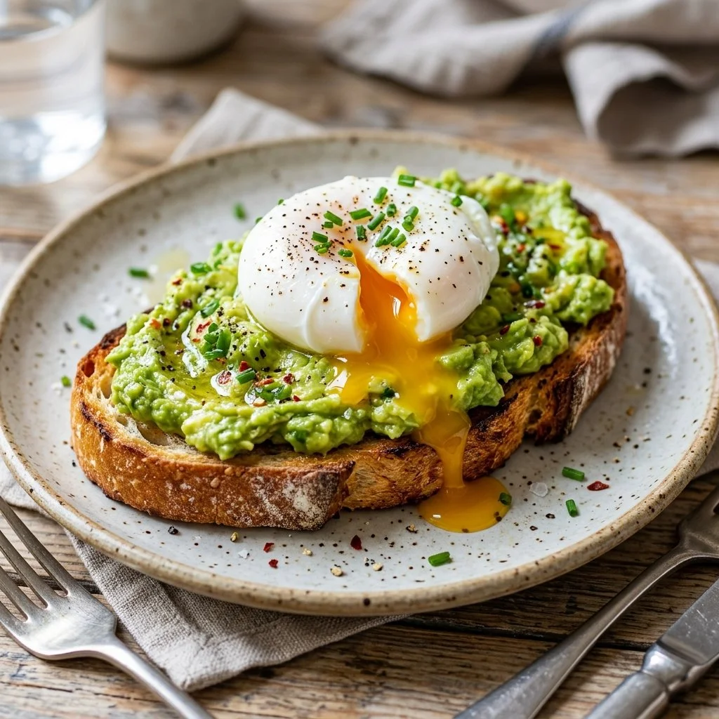 Avocado toast topped with a perfectly poached egg on a plate