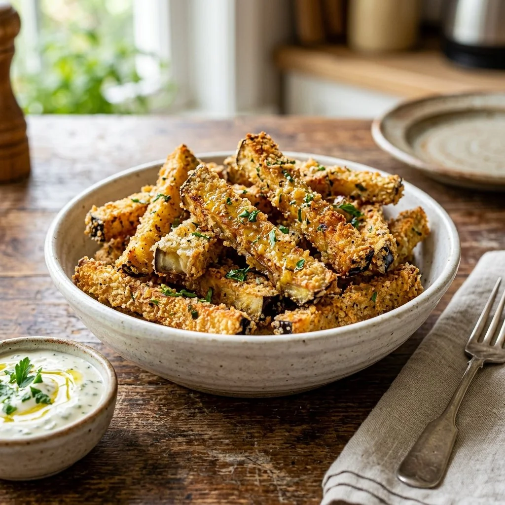 Baked eggplant fries served with a side of dipping sauce.