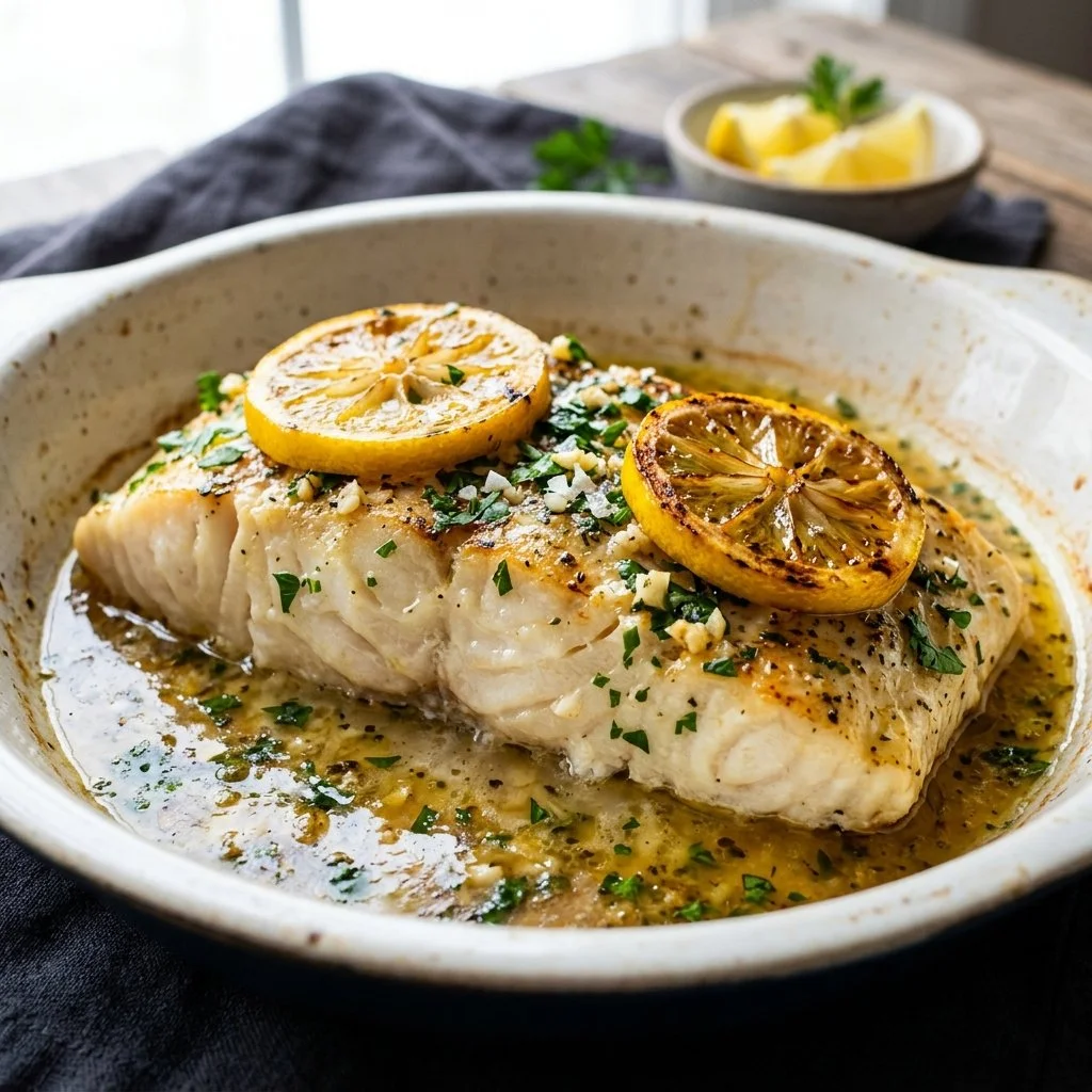 Baked lemon cod fillet garnished with fresh herbs and lemon slices