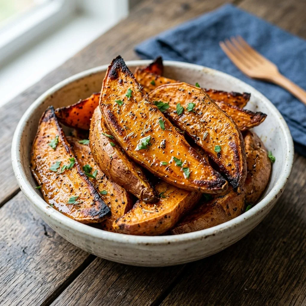 Plate of crispy baked sweet potato wedges garnished with herbs