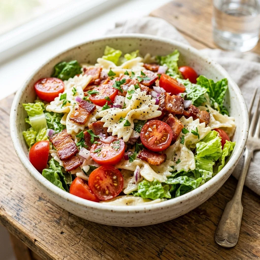 Bowl of BLT Pasta Salad with bacon, lettuce, and tomatoes