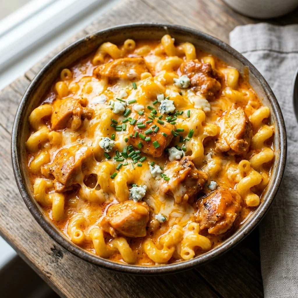 Delicious Buffalo Chicken Mac and Cheese topped with spicy buffalo sauce and cheese