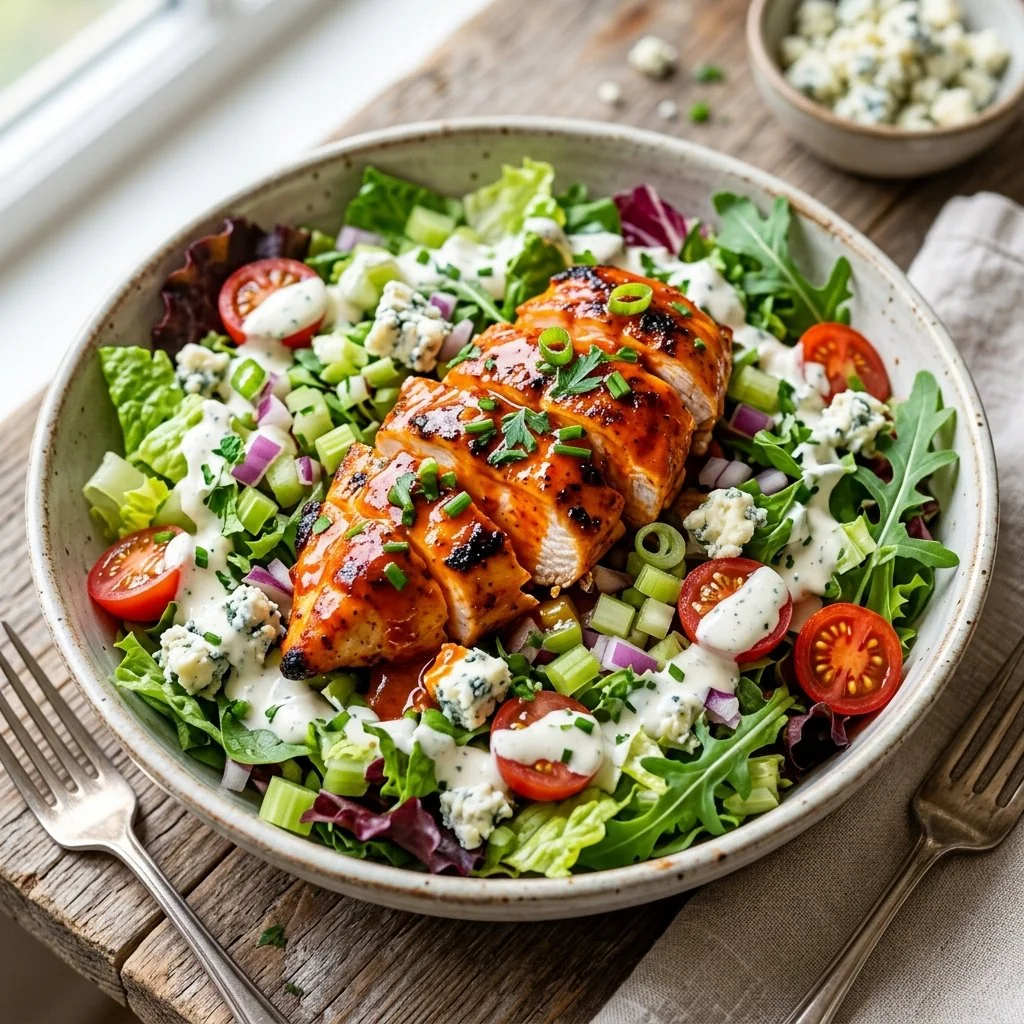 Healthy Buffalo Chicken Salad with fresh vegetables and spicy dressing