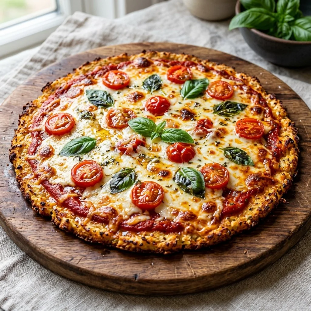 Healthy Cauliflower Crust Pizza topped with fresh ingredients