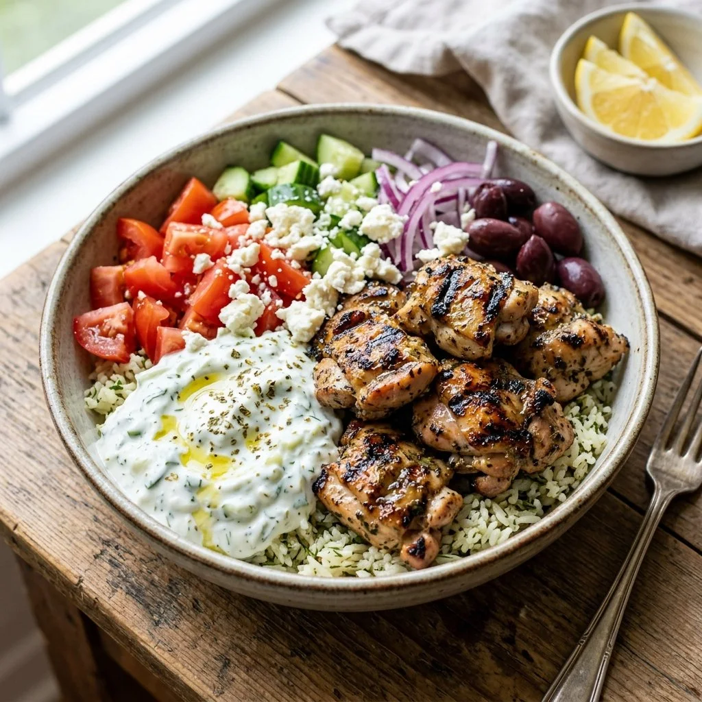 Healthy Chicken Souvlaki Bowl with grilled chicken and fresh vegetables