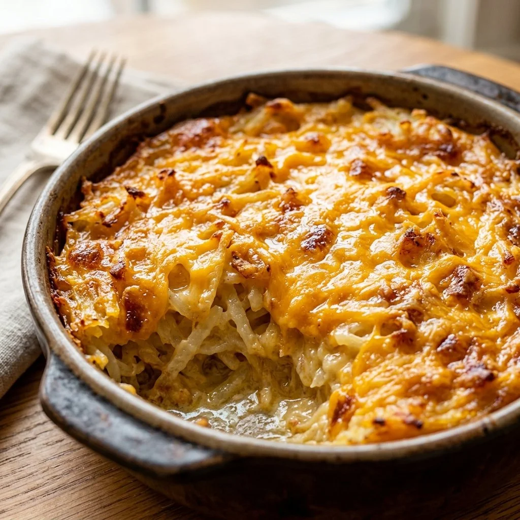 Cracker Barrel Hashbrown Casserole served in a dish