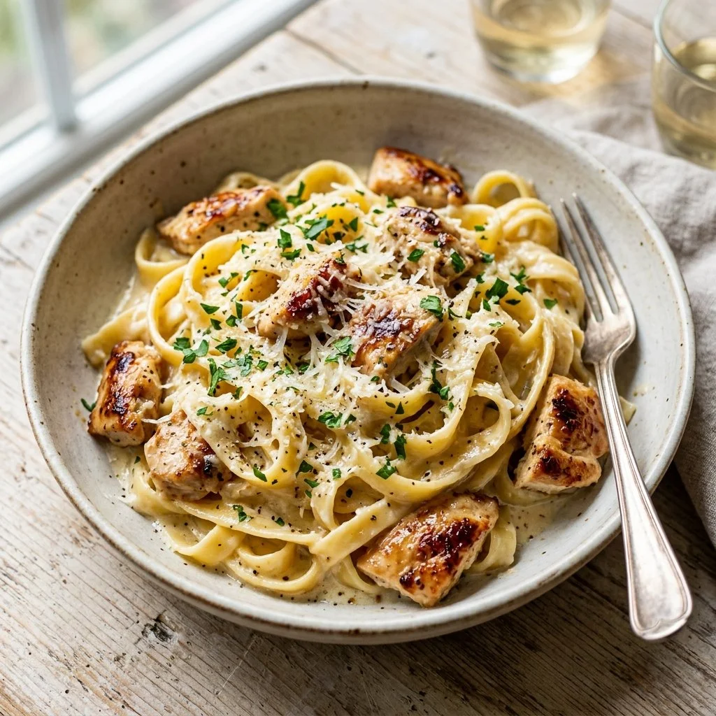 Plate of creamy Chicken Alfredo with pasta and grilled chicken on a wooden table
