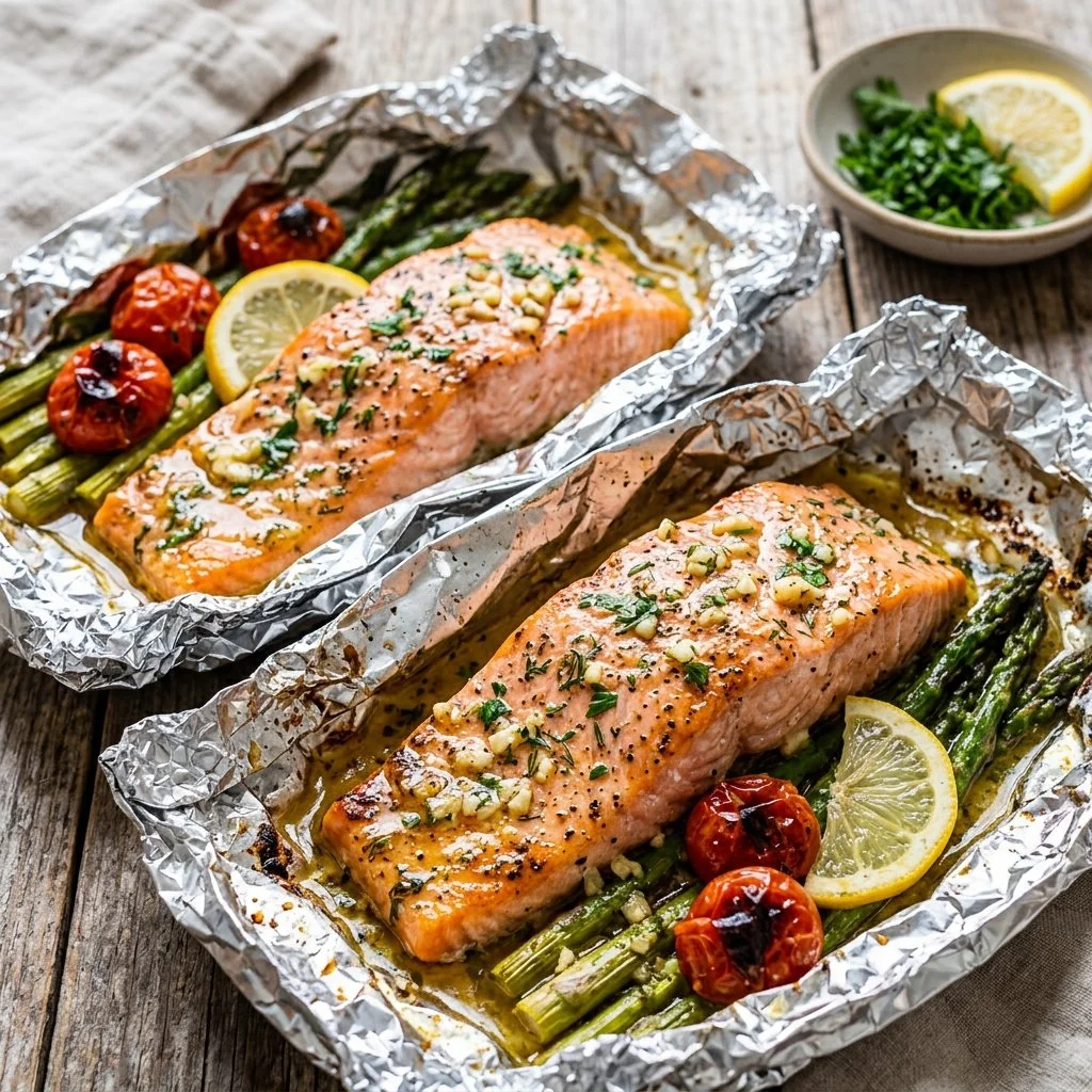 Garlic butter salmon foil packets ready for grilling with fresh herbs