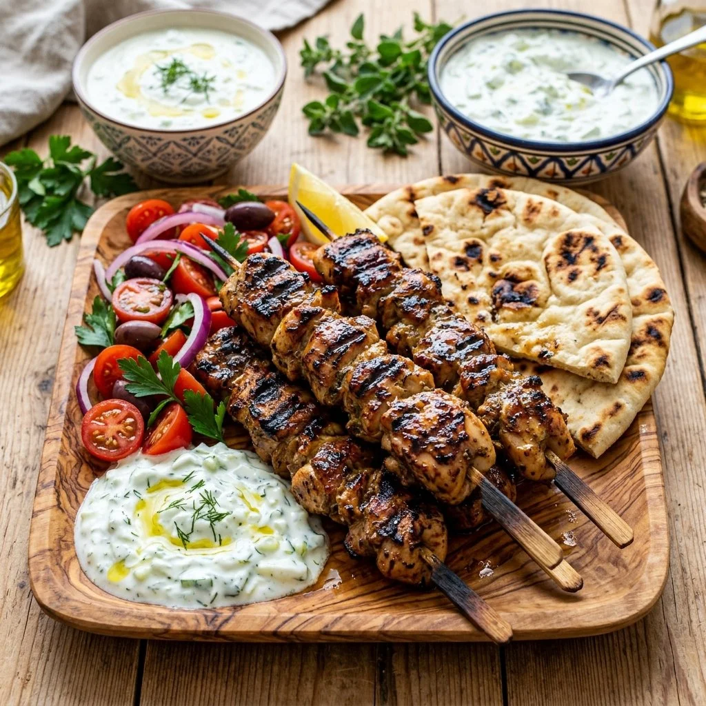 Delicious grilled chicken souvlaki skewers served with tzatziki sauce