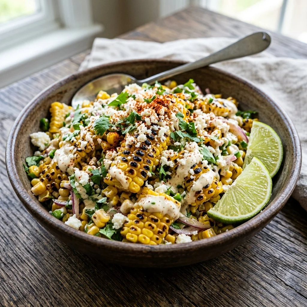 A vibrant bowl of grilled elote salad with corn, cheese, and herbs