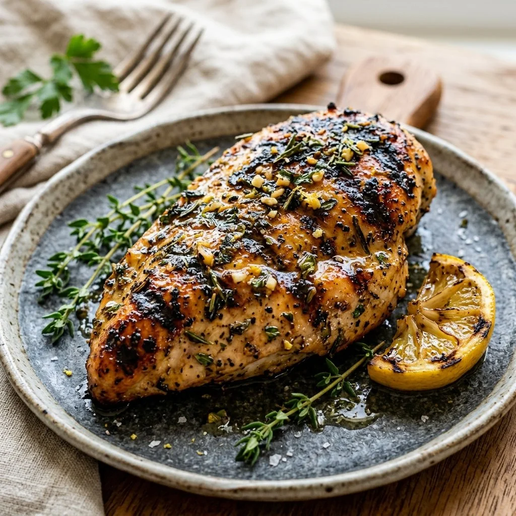 Grilled Lemon Herb Chicken garnished with fresh herbs and lemon slices