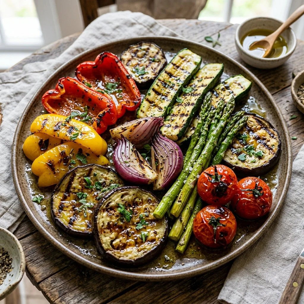 Colorful grilled veggie platter with assorted charred vegetables