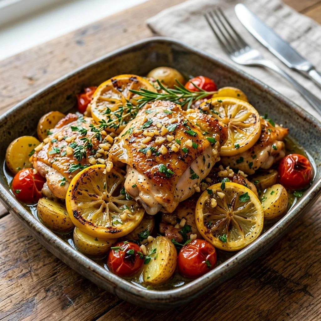 Healthy lemon garlic chicken dish garnished with herbs and lemon slices