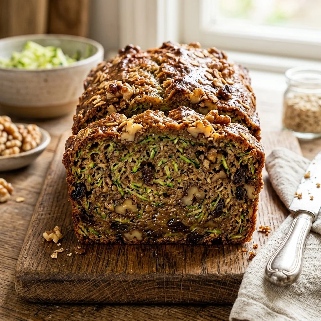 Delicious slice of healthy zucchini bread topped with walnuts