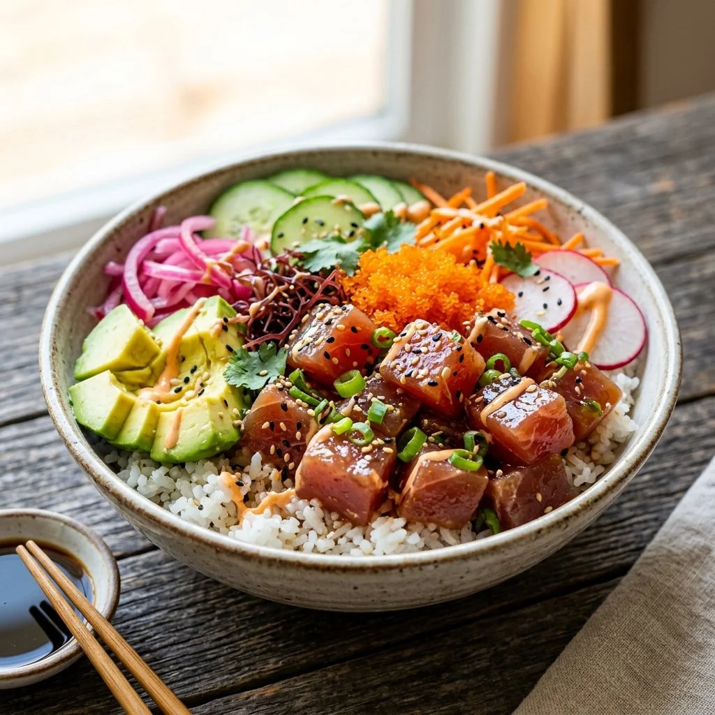 Homemade Ahi Poke Bowl featuring fresh fish and vibrant toppings