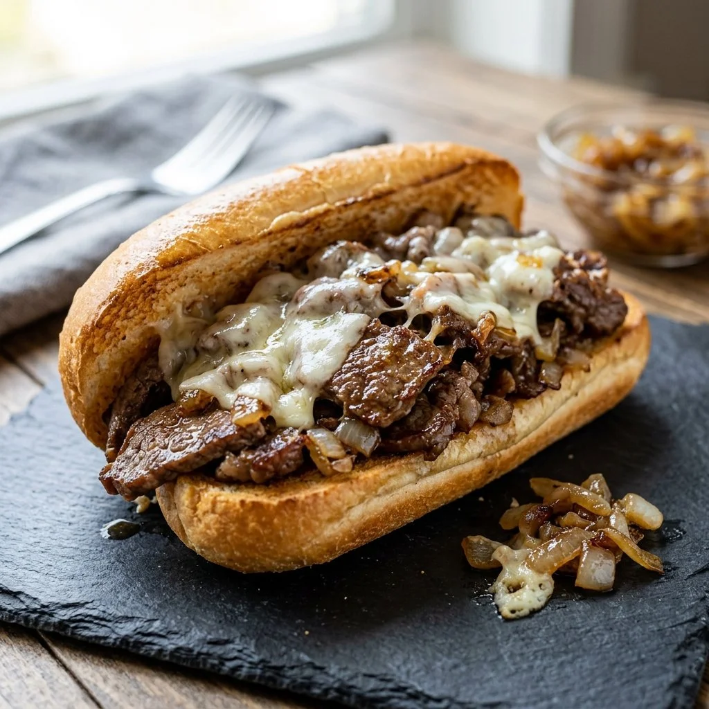 Delicious homemade Philly cheesesteak sandwich with melted cheese and grilled meat