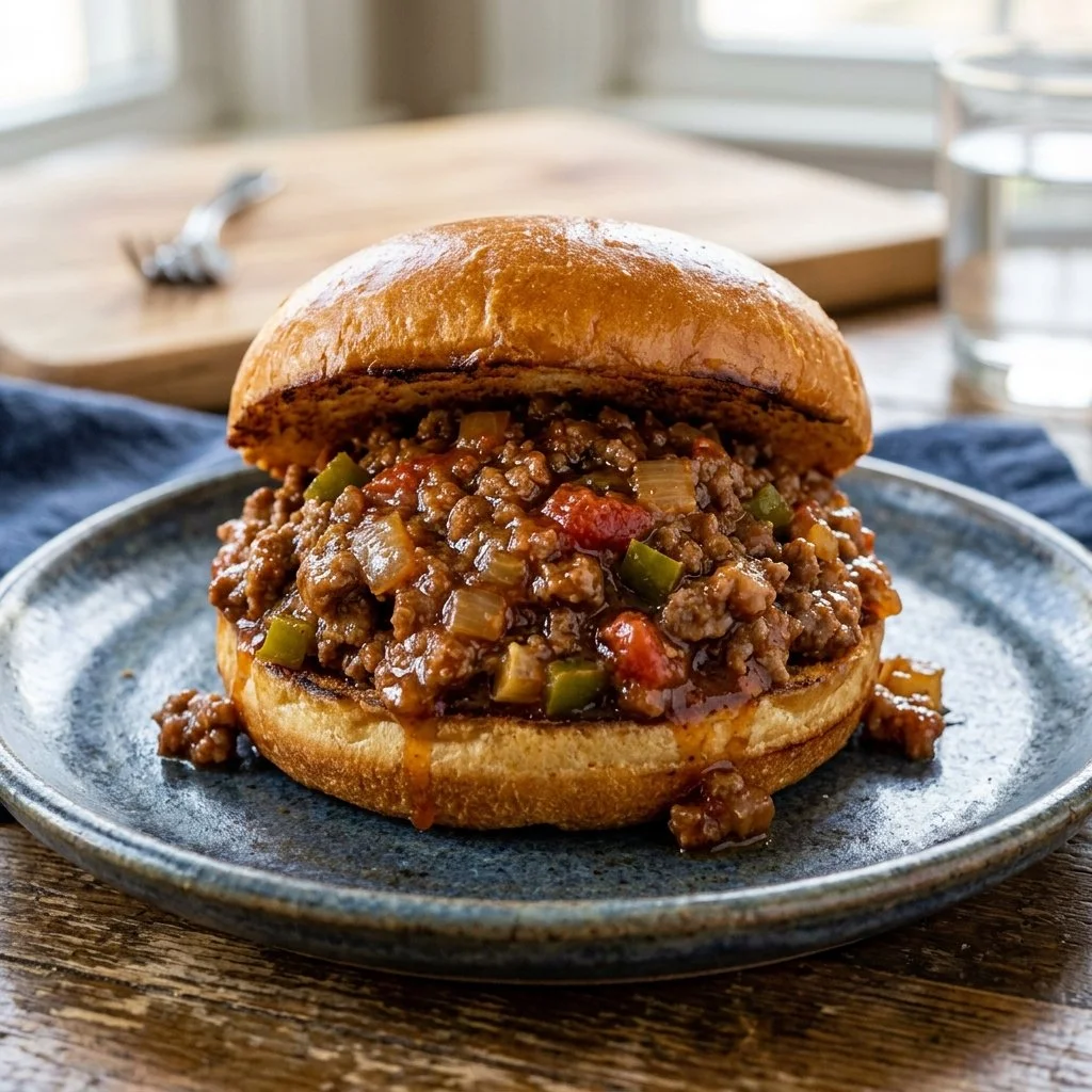Delicious homemade sloppy joes served on a bun with fresh toppings.