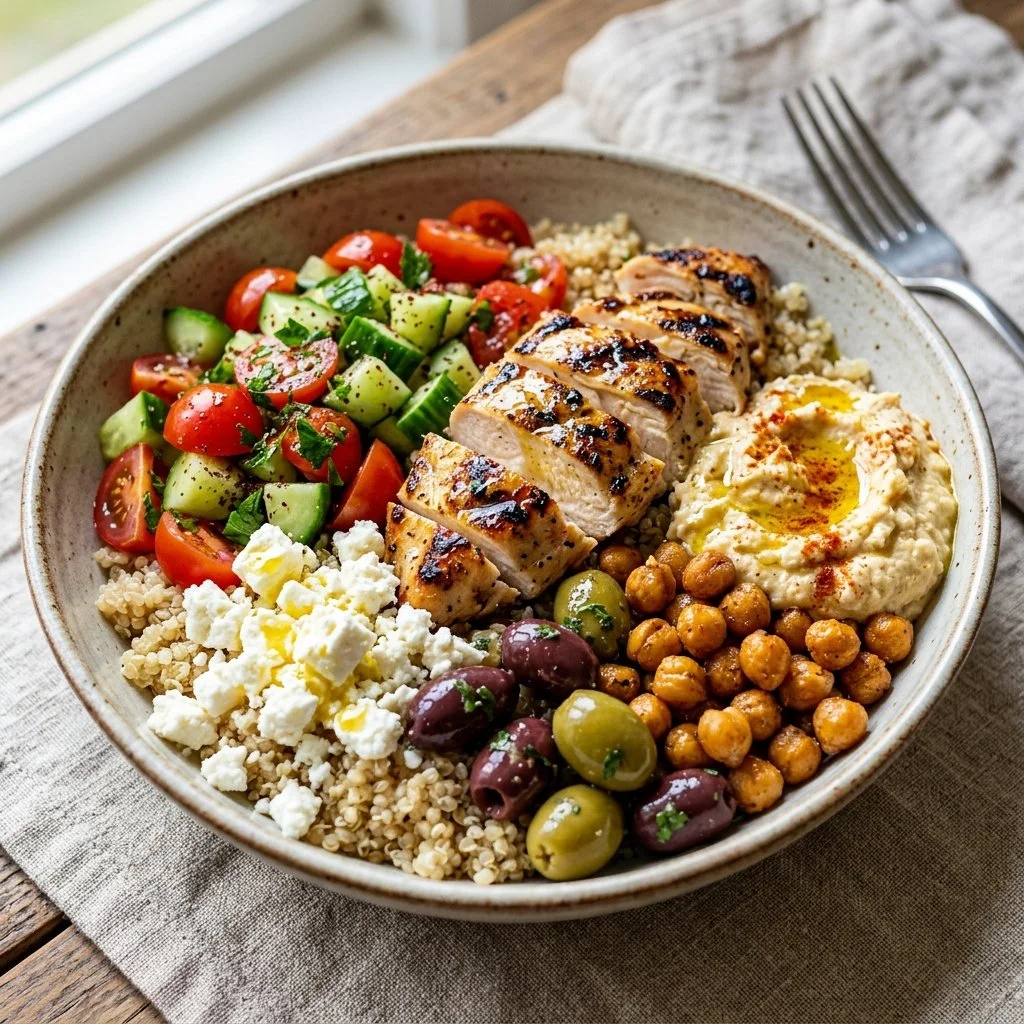 Colorful Mediterranean Power Bowl featuring fresh vegetables, grains, and protein.