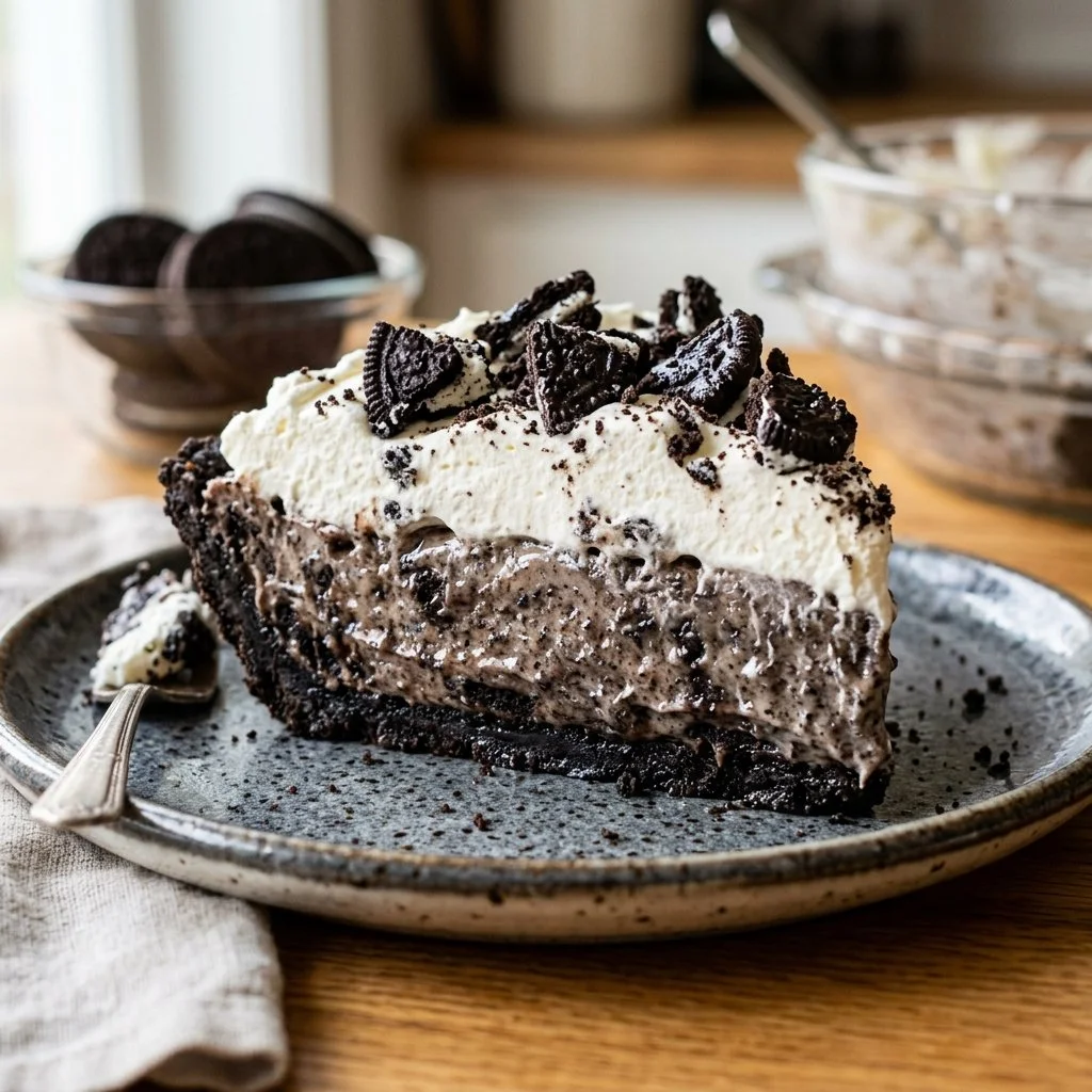 No Bake Oreo Pie with chocolate crust and whipped topping