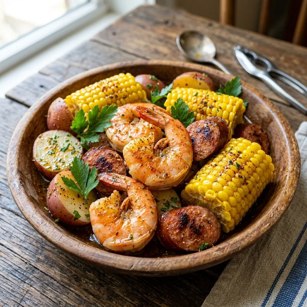 Delicious Old Bay shrimp boil with spices and vegetables in a large pot.