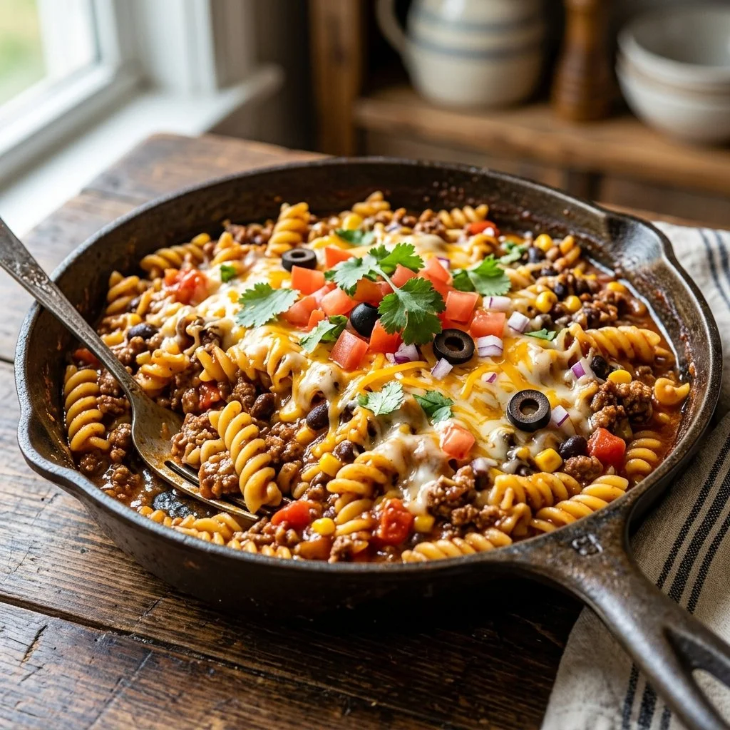 One Pot Taco Pasta with cheese, tomatoes, and spices in a skillet