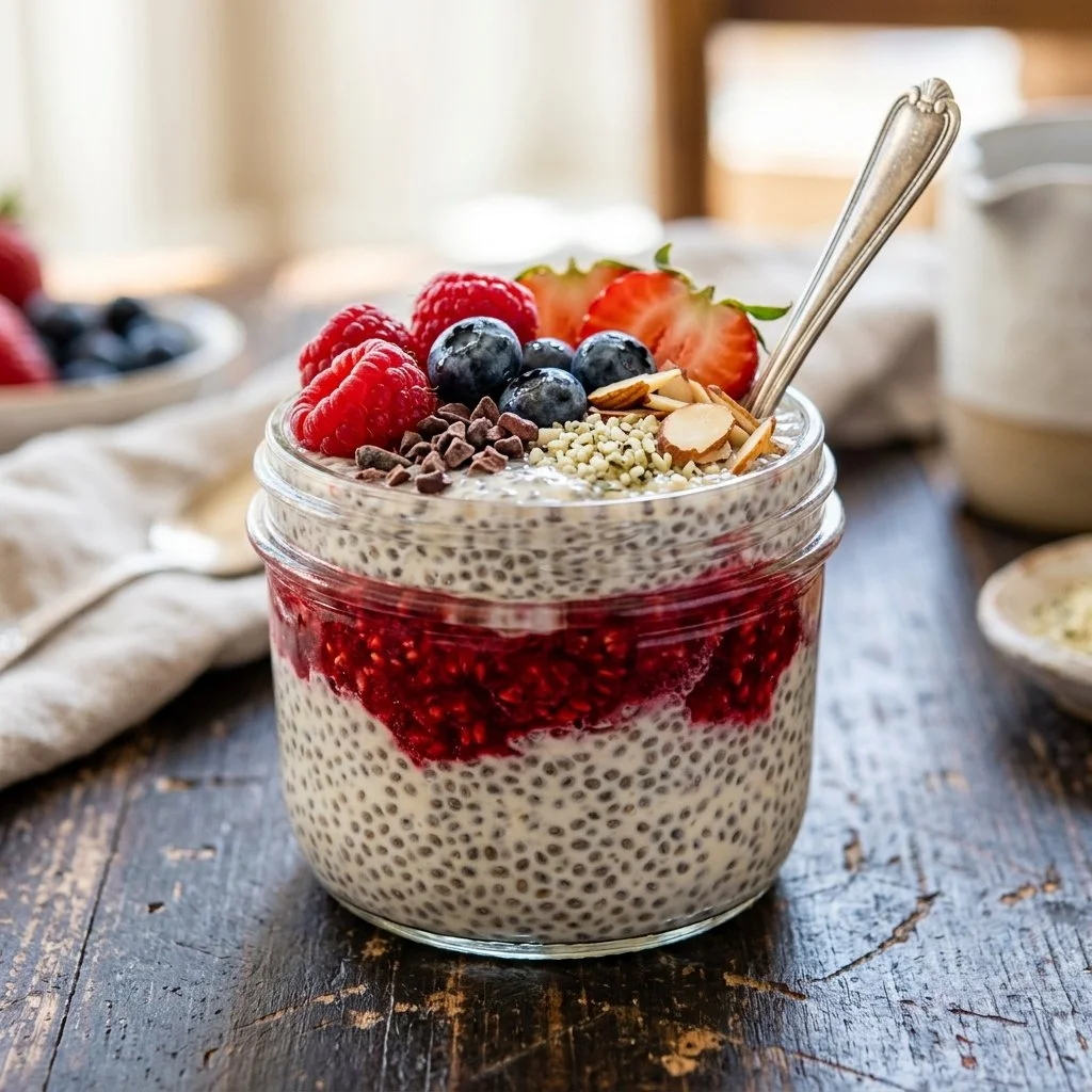 Bowl of delicious overnight chia pudding topped with fresh fruits and nuts