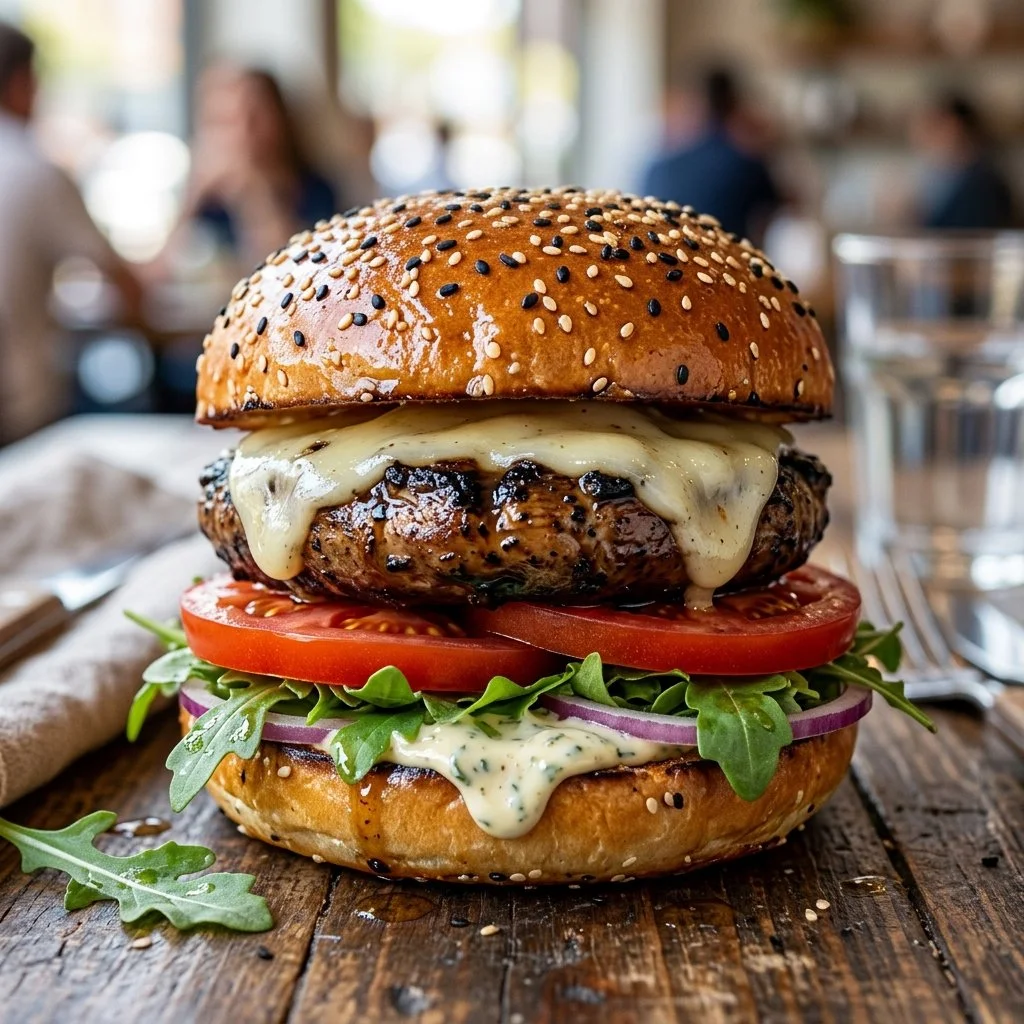 Delicious homemade Portobello Mushroom Burger on a wooden plate