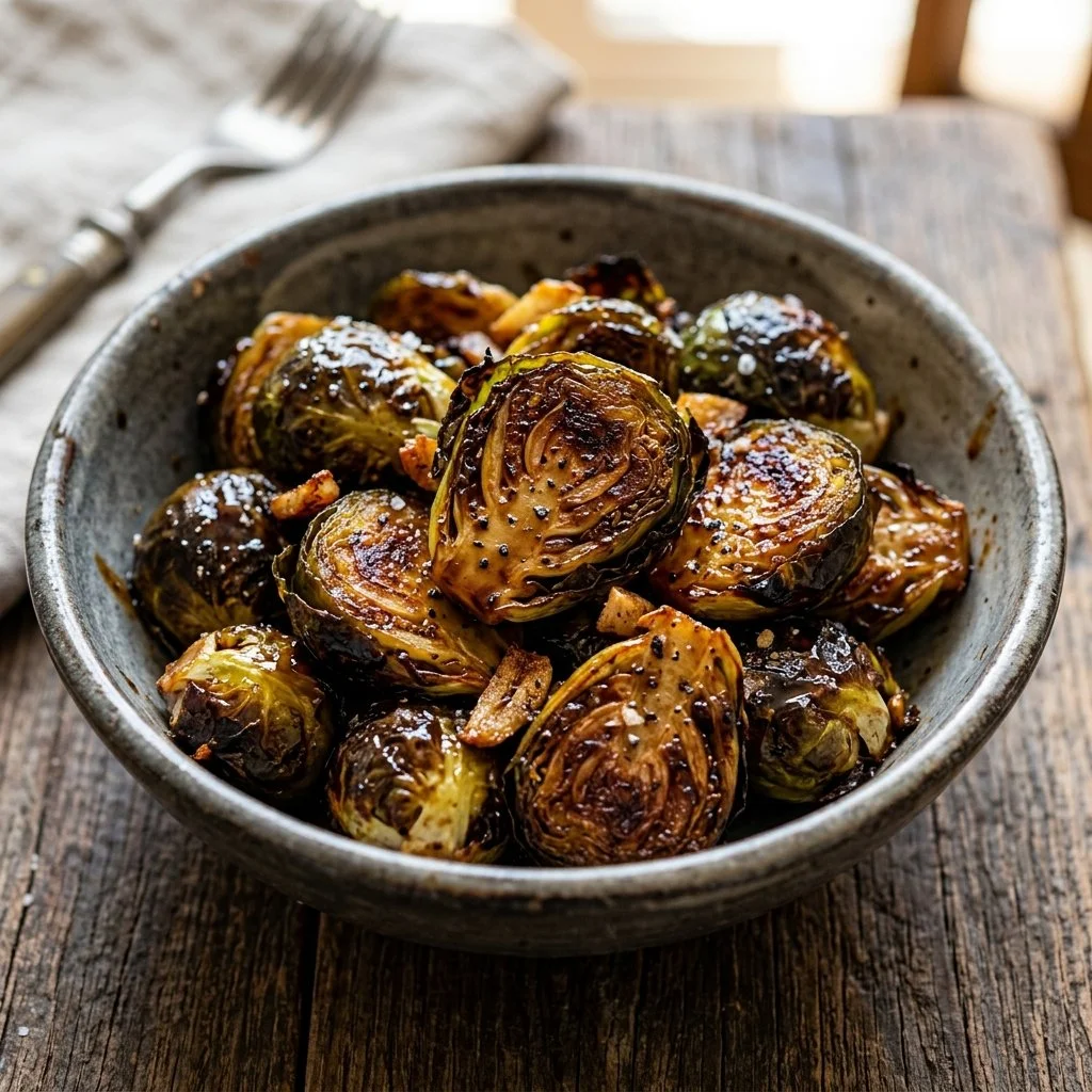Delicious roasted Brussels sprouts drizzled with balsamic glaze on a serving dish.