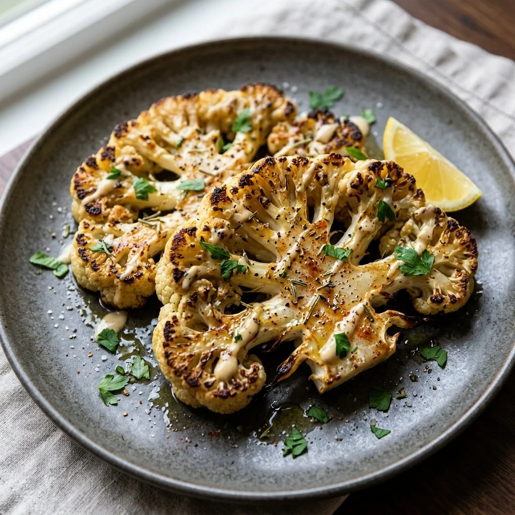 Delicious roasted cauliflower steaks garnished with herbs on a plate.