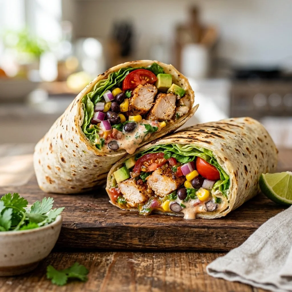 Delicious Southwest Chicken Wrap filled with grilled chicken, spices, and fresh vegetables.