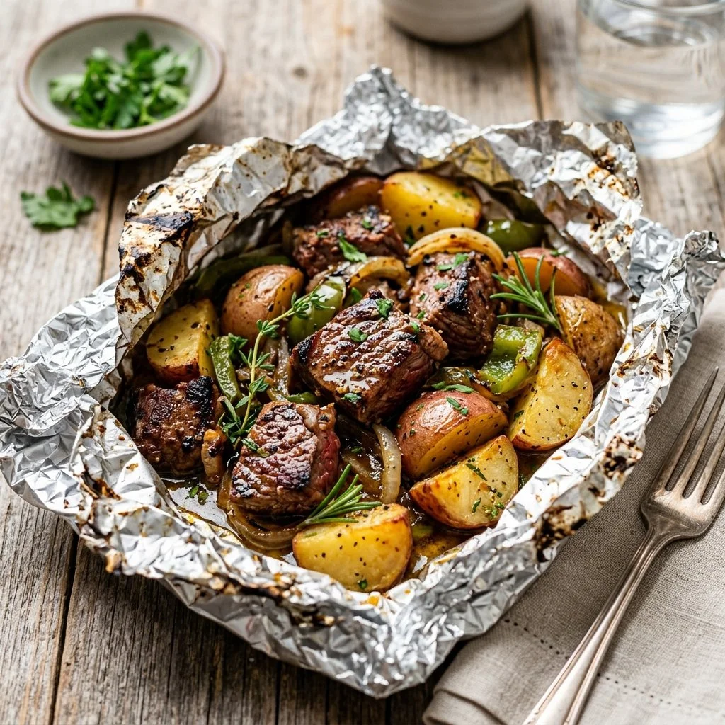 Steak and Potato Foil Packets ready for grilling