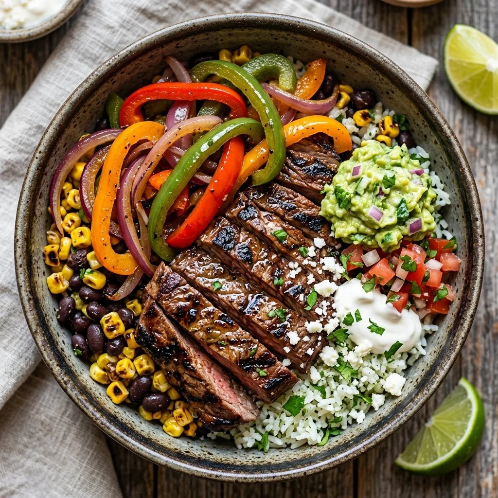 Delicious Steak Fajita Bowls garnished with fresh vegetables and herbs