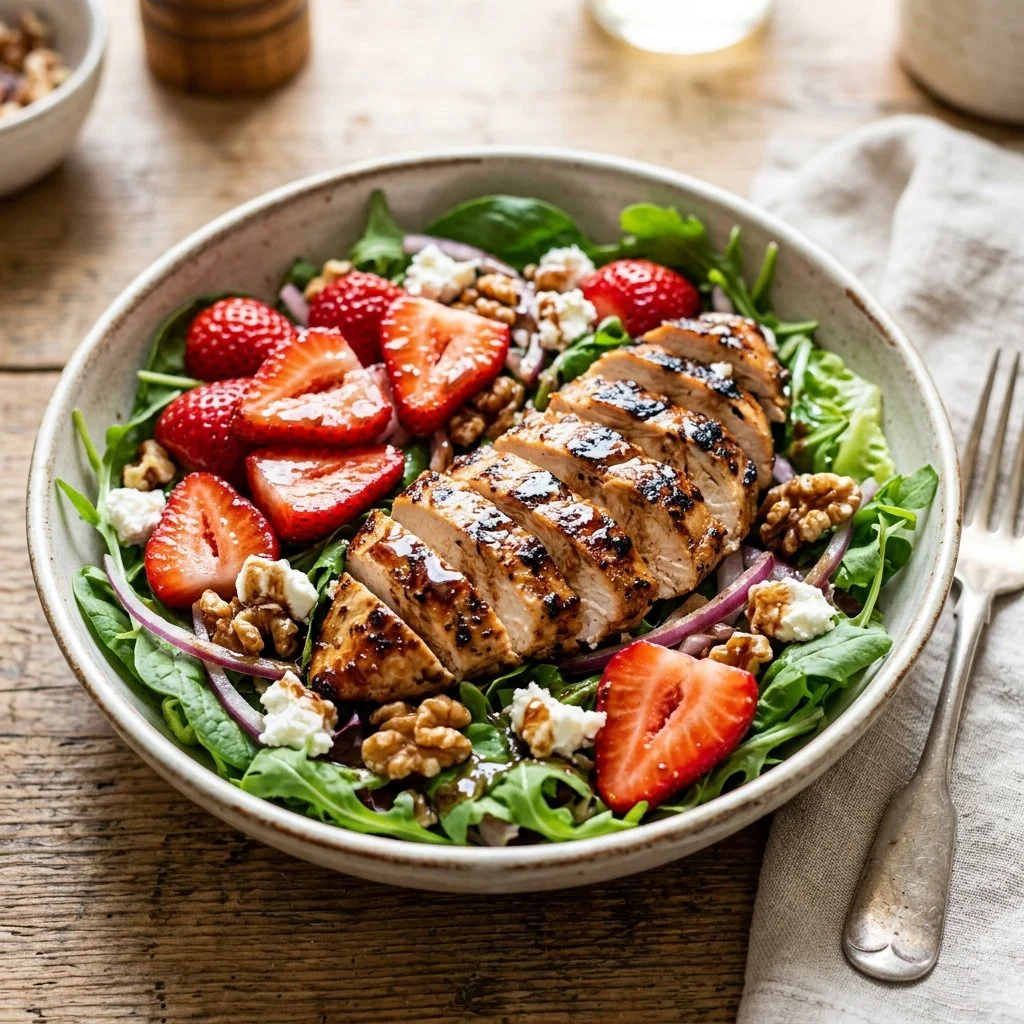 Strawberry Balsamic Chicken Salad with fresh greens and strawberries