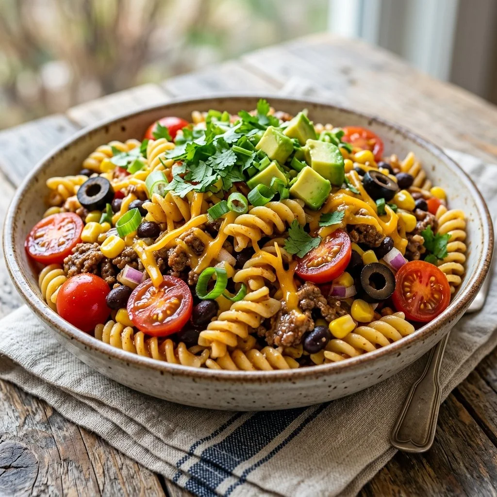 A vibrant Taco Pasta Salad featuring colorful vegetables and tasty taco flavors.