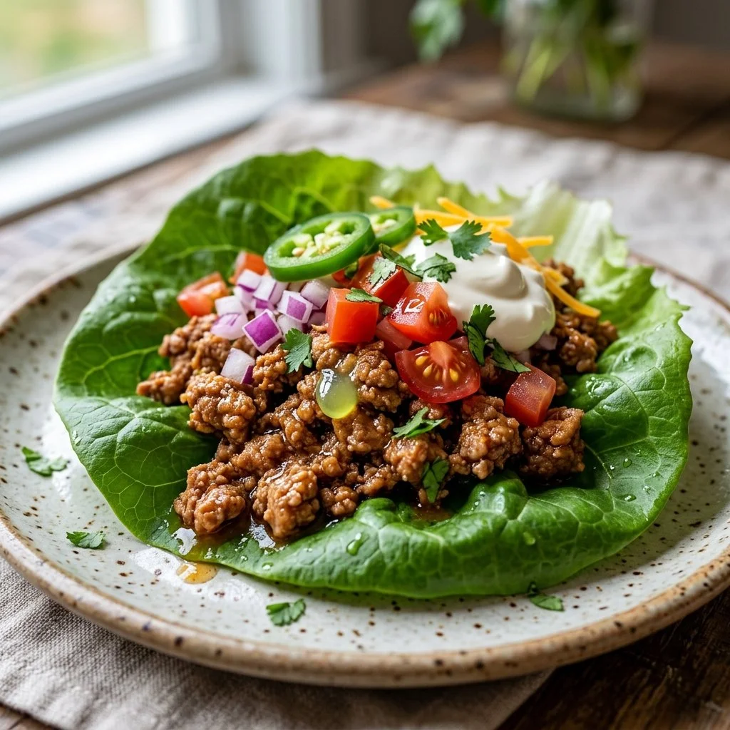 Turkey Taco Lettuce Wraps filled with seasoned ground turkey and fresh veggies