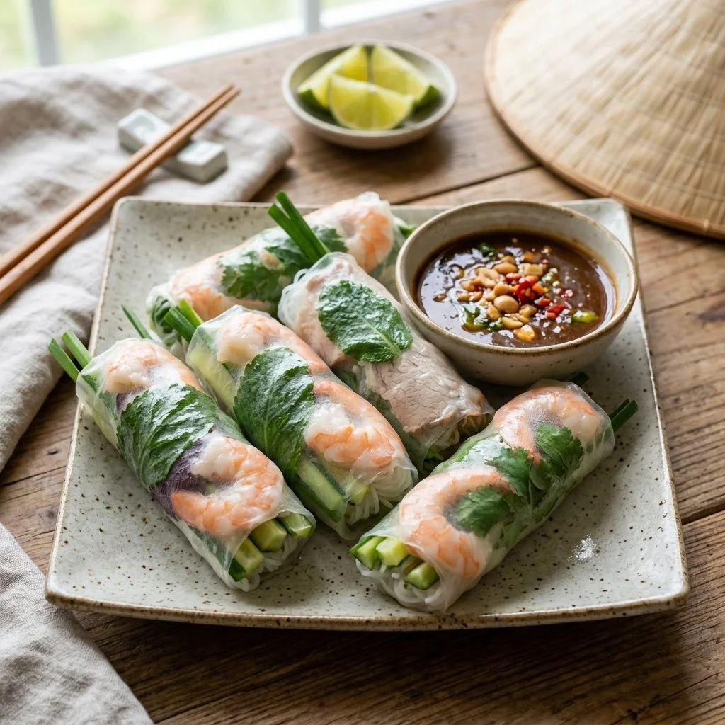 Plate of fresh Vietnamese summer rolls with herbs and dipping sauce
