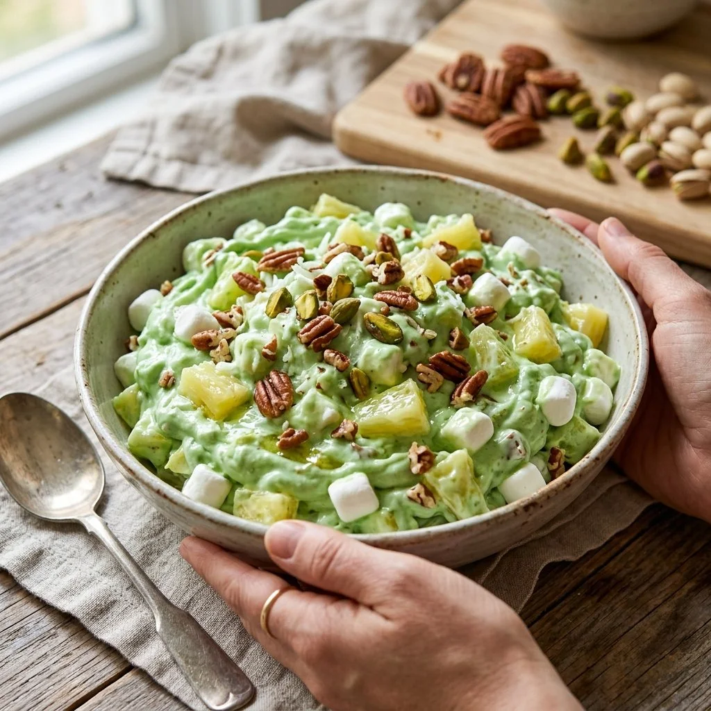 Bowl of Watergate Salad featuring marshmallows, pineapple, and whipped cream