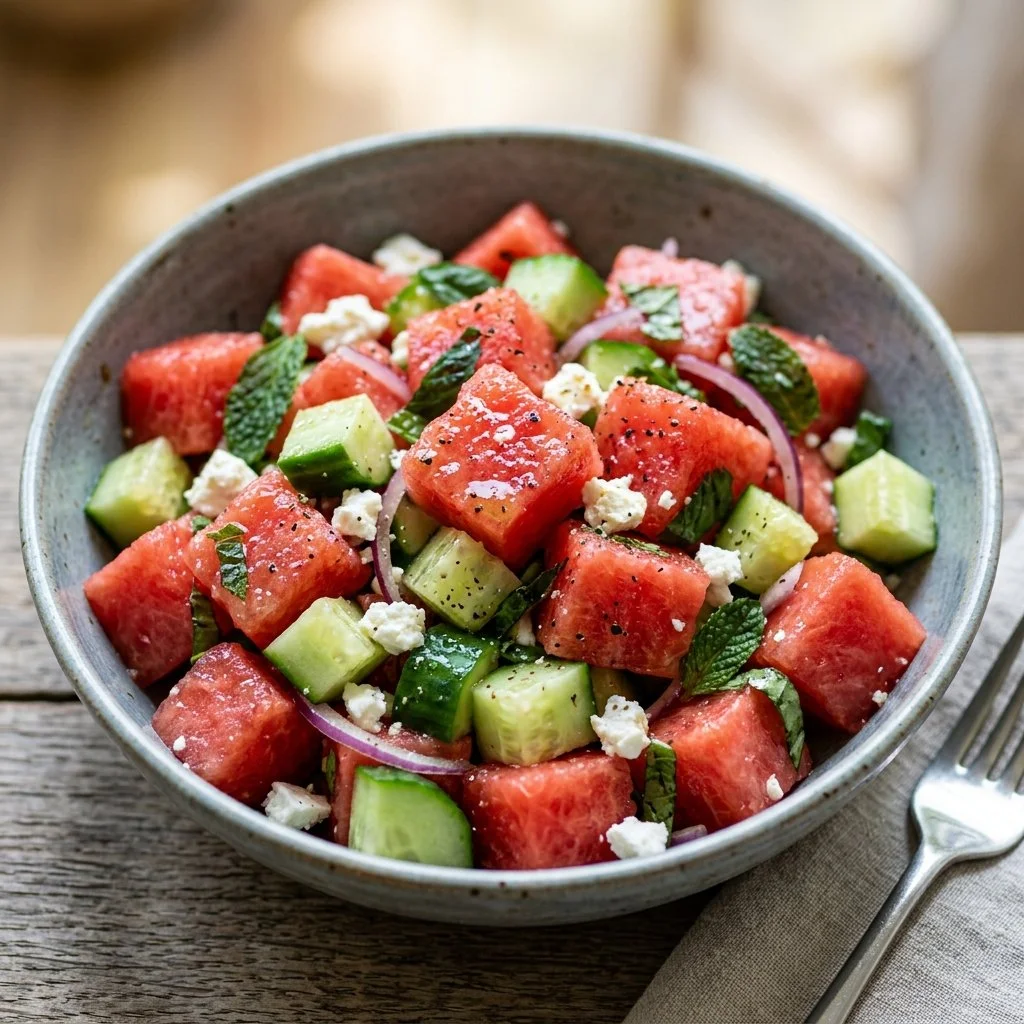 Bowl of Watermelon Cucumber Salad with fresh mint and feta cheese