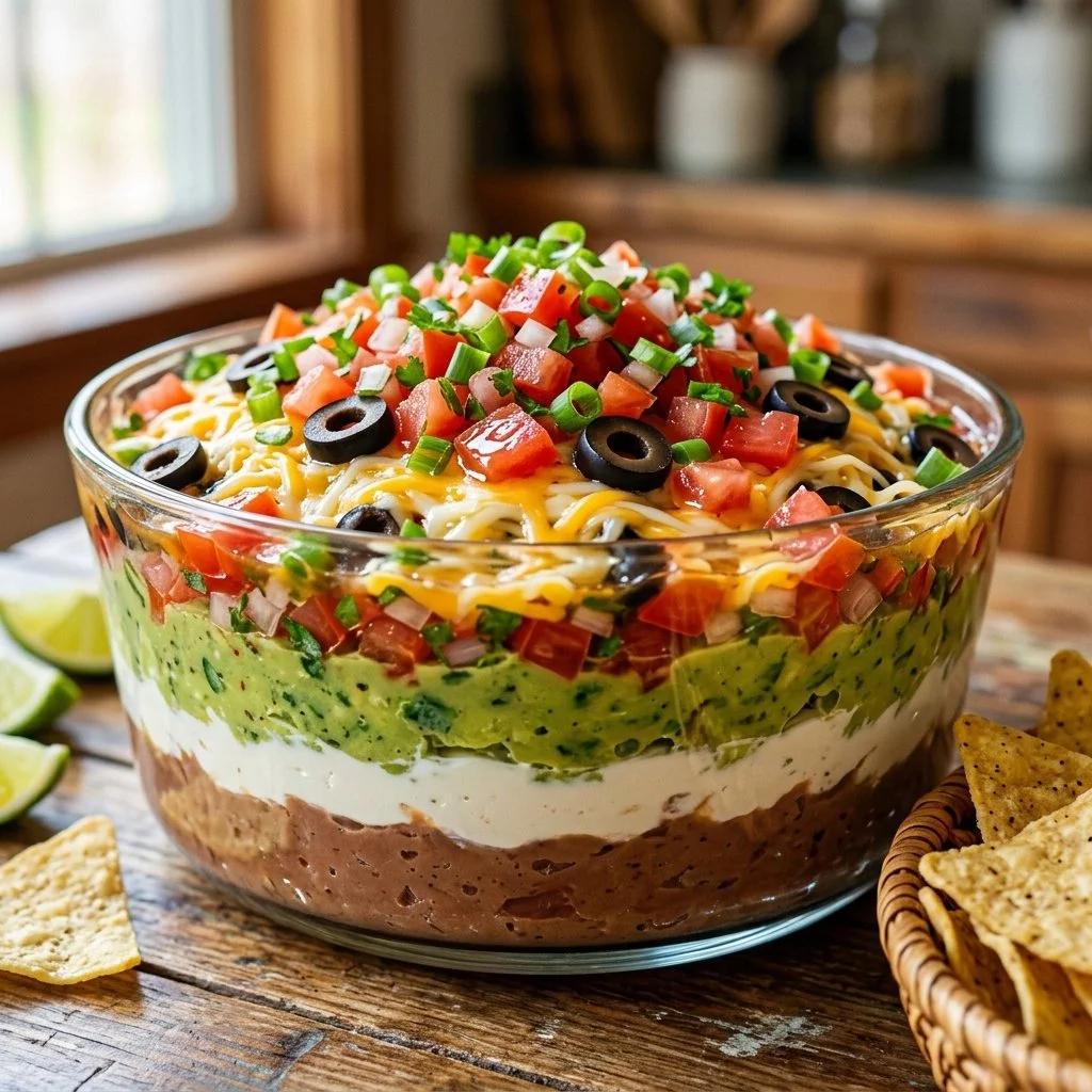 Delicious 7 Layer Dip with beans, cheese, guacamole, and colorful toppings.
