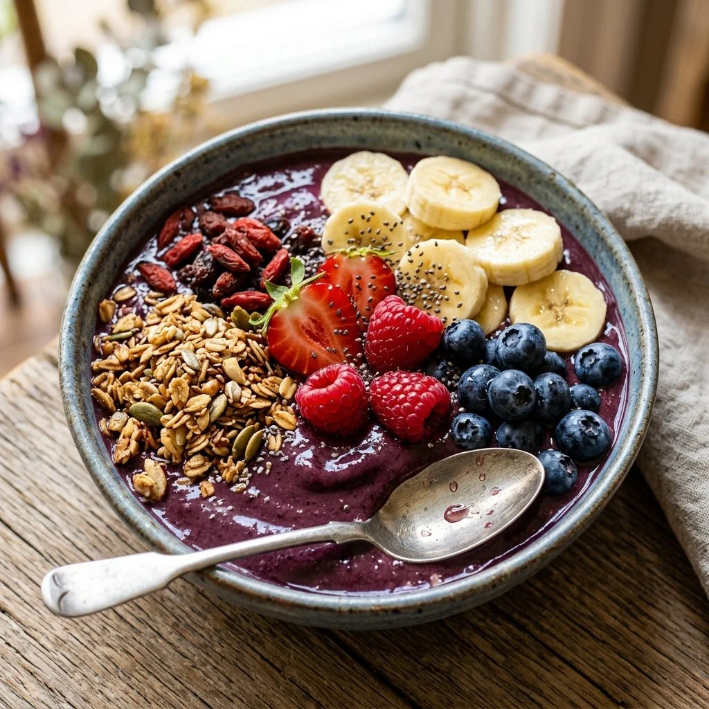 A colorful acai bowl topped with fruits, nuts, and seeds for a nutritious meal