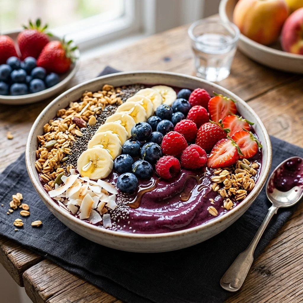 Delicious Acai Bowl topped with fresh fruits and granola