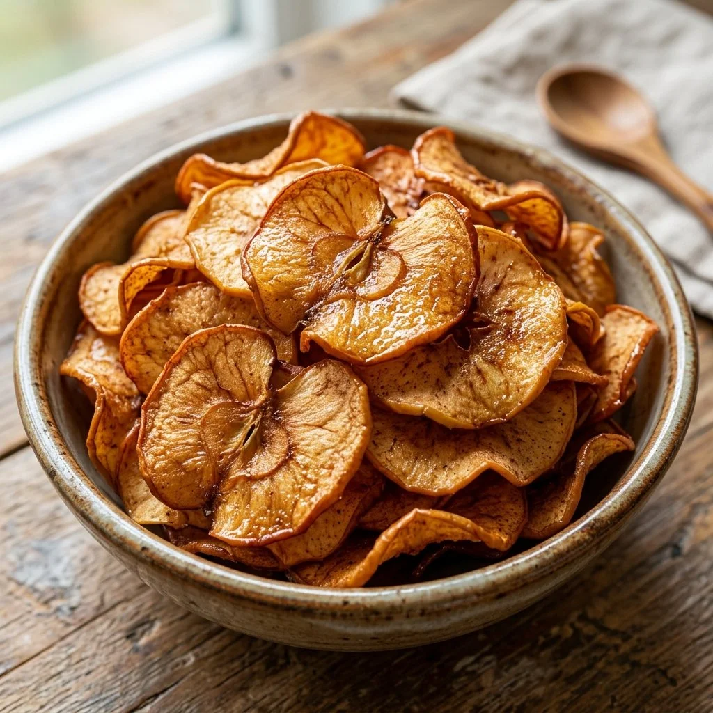 Homemade air fryer apple chips in a bowl, ready to eat.