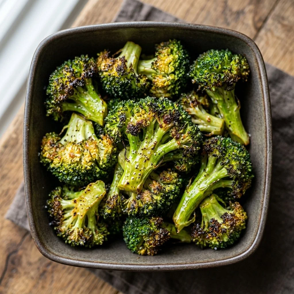 Crispy Air Fryer Broccoli served on a plate with seasonings