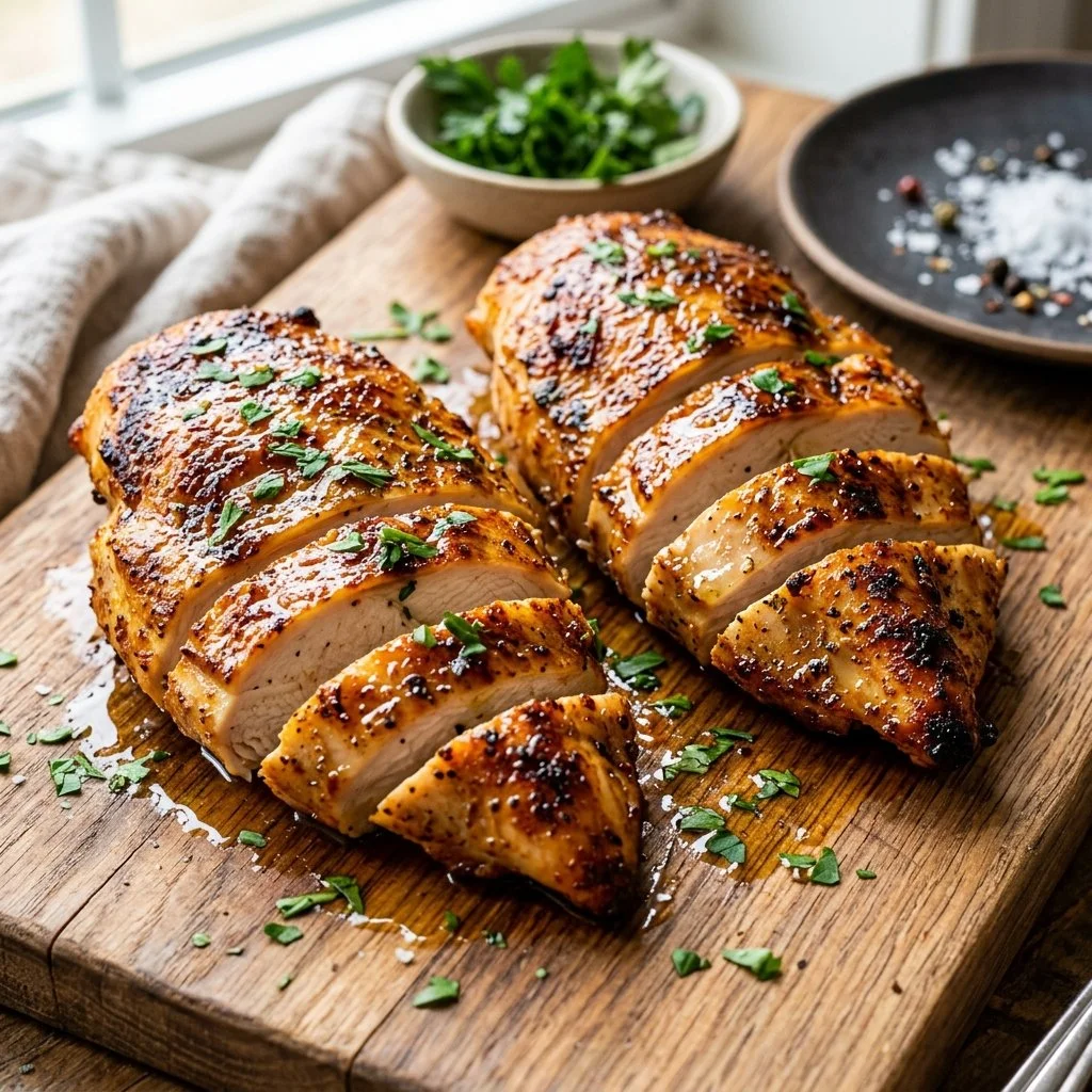 Juicy air fryer chicken breast served with herbs and spices.