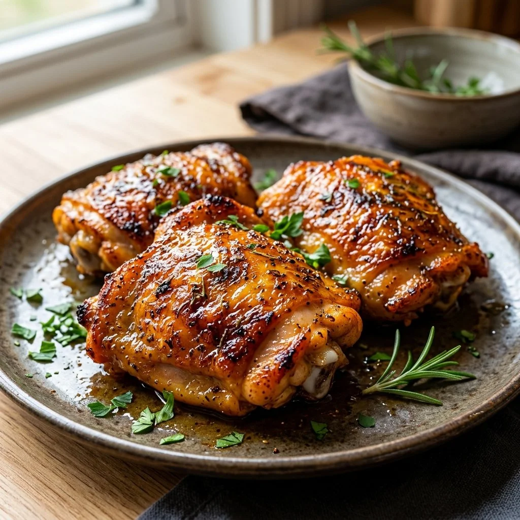 Crispy air fryer chicken thighs served with vegetables on a plate
