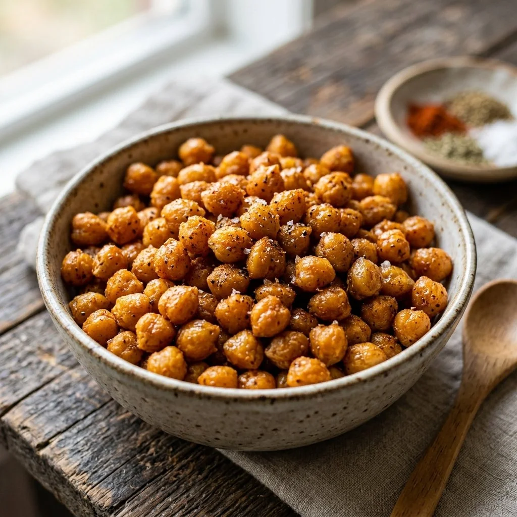Crispy air fryer chickpeas in a bowl, a healthy snack option.