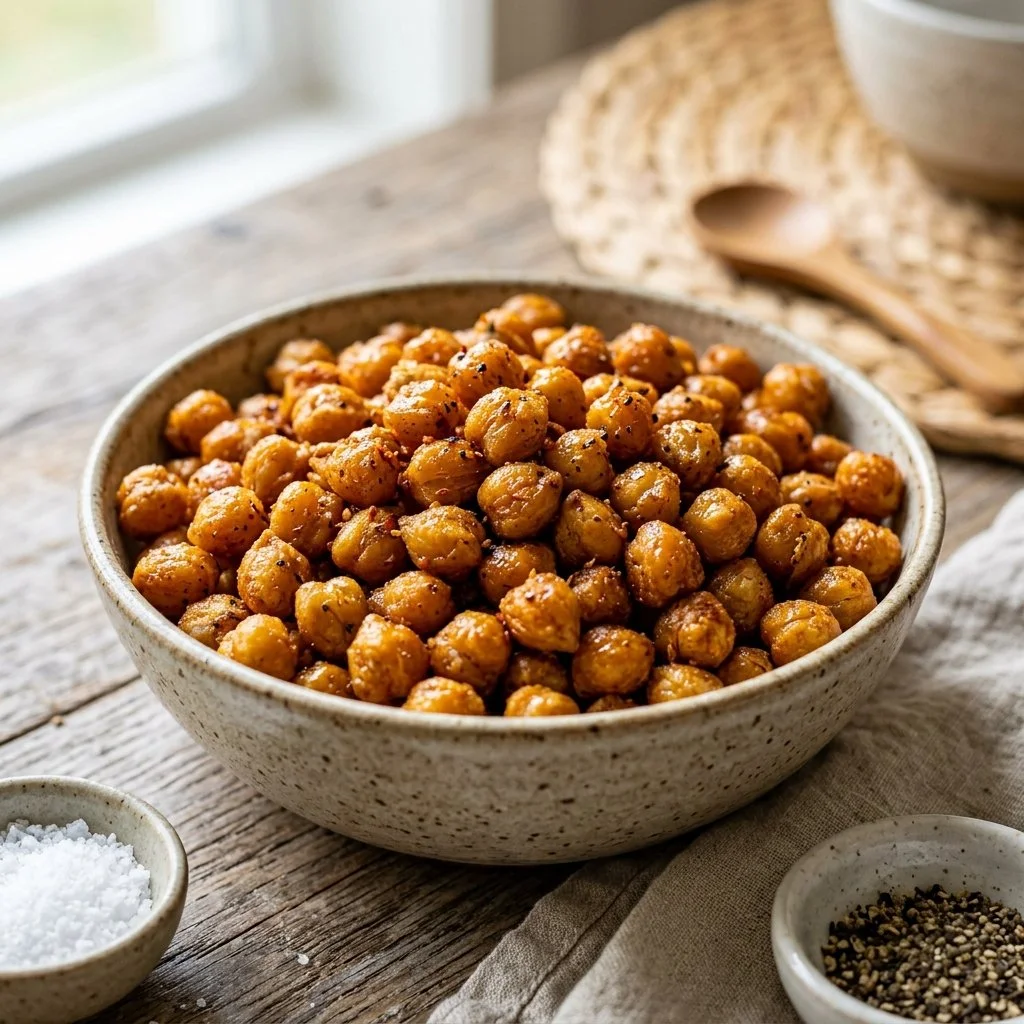 Crispy air fryer chickpeas served in a bowl with spices