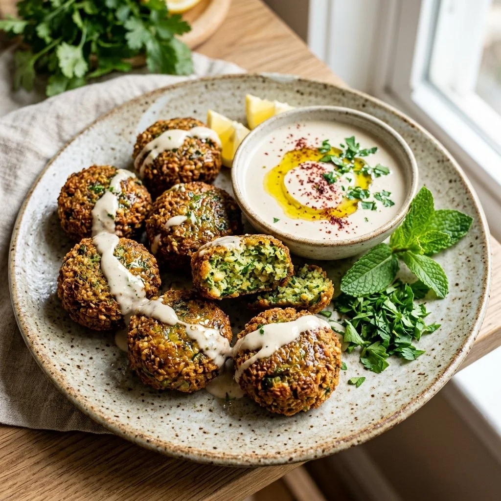 Crispy air fryer falafel served with sauce and fresh vegetables.