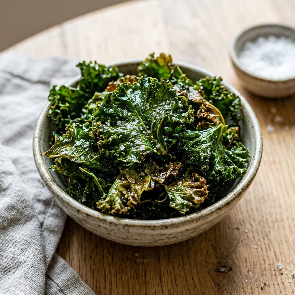 Crispy air fryer kale chips on a wooden serving board