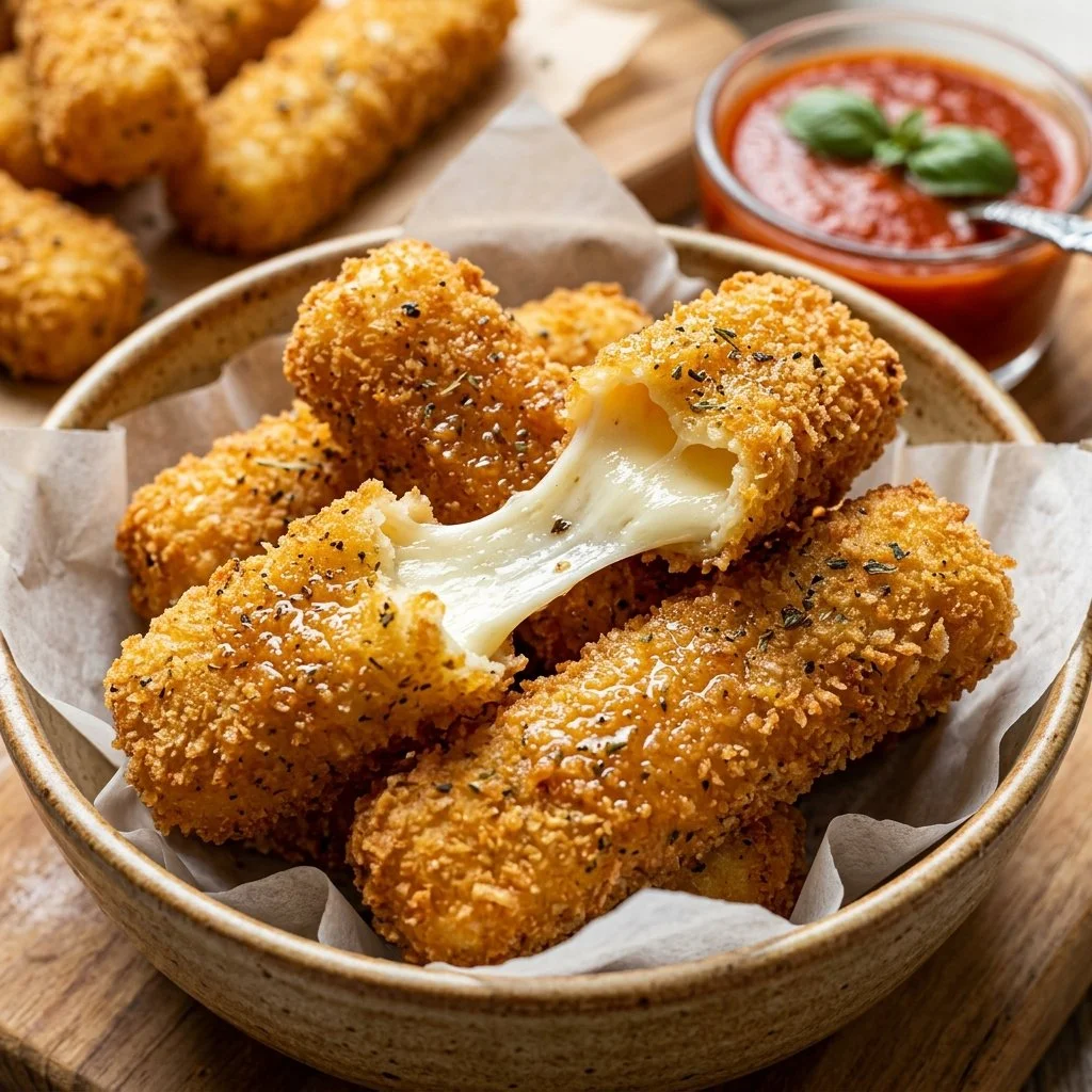 Golden brown air fryer mozzarella sticks ready to enjoy with marinara sauce.